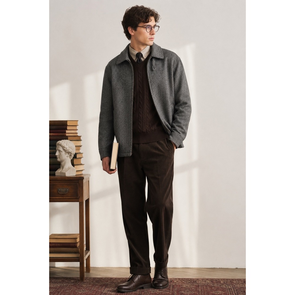 TravelSmith Mens Wool Jacket Herringbone Tweed Charcoal Gray Heritage Large